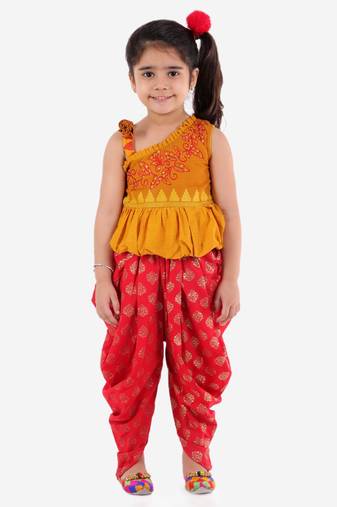 Peplum Embroidered Top With Printed Dhoti Pants- Yellow & Red
