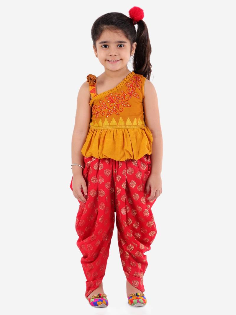 Peplum Embroidered Top With Printed Dhoti Pants- Yellow & Red