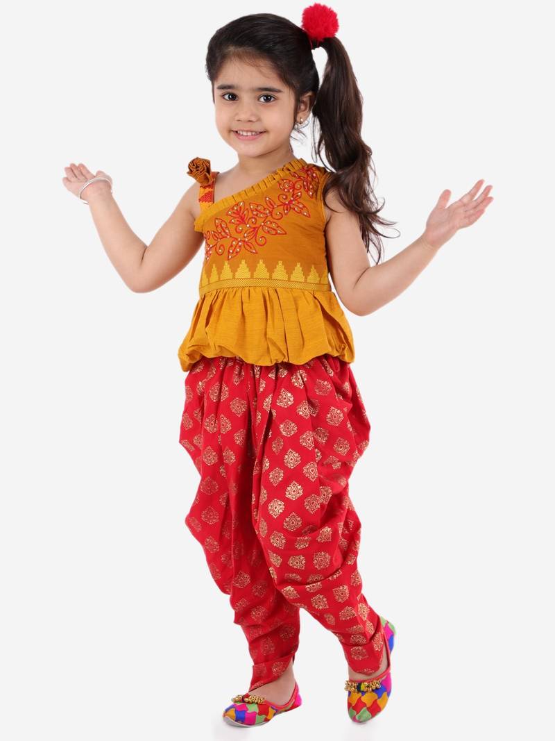 Peplum Embroidered Top With Printed Dhoti Pants- Yellow & Red