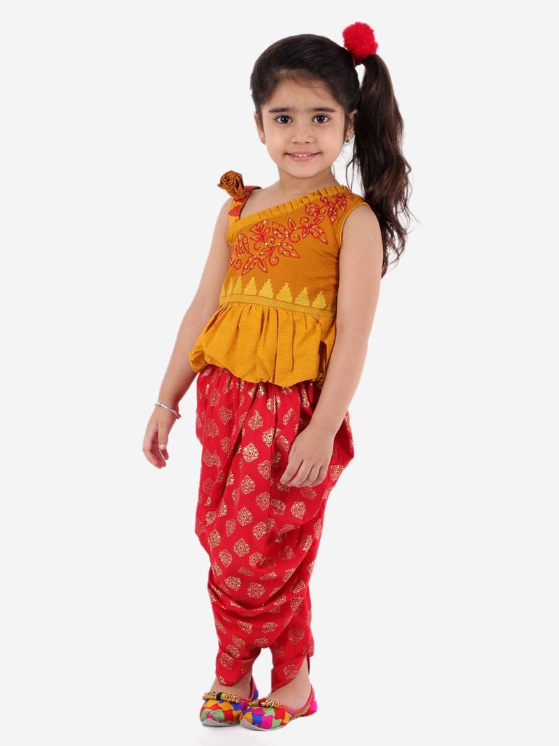 Peplum Embroidered Top With Printed Dhoti Pants- Yellow & Red