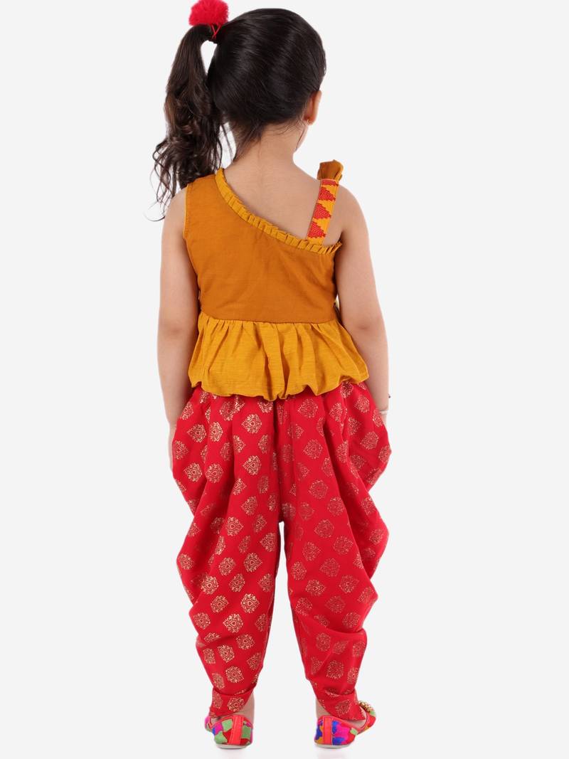 Peplum Embroidered Top With Printed Dhoti Pants- Yellow & Red