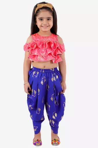 Ruffled Crop Top With Swan Print Dhoti Pants- Pink & Blue