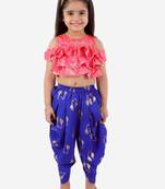 Ruffled Crop Top With Swan Print Dhoti Pants- Pink & Blue