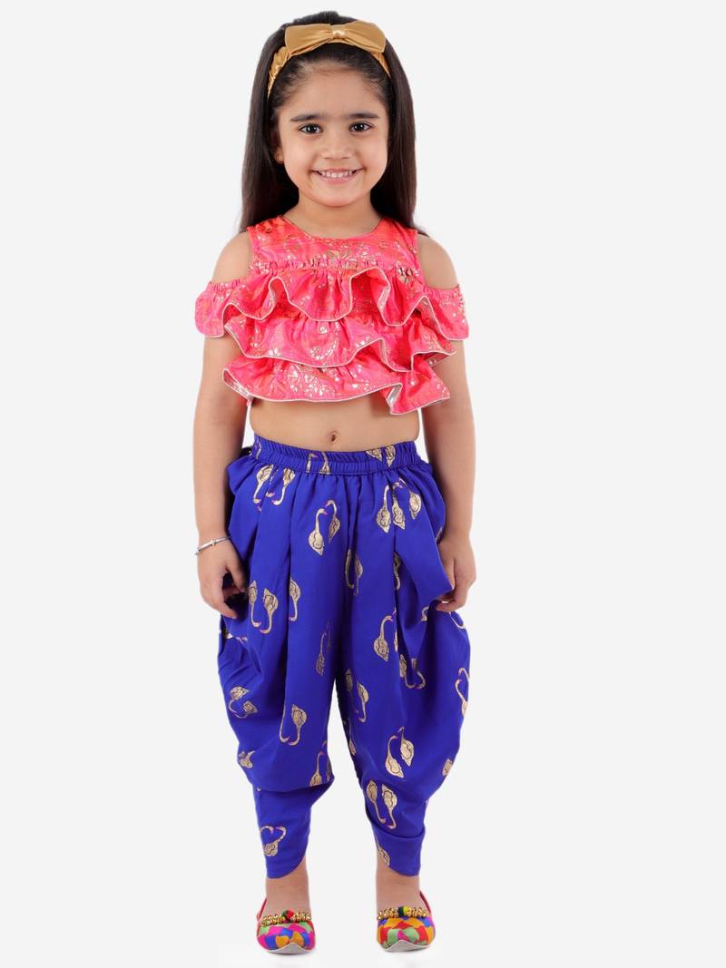 Ruffled Crop Top With Swan Print Dhoti Pants- Pink & Blue