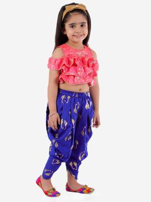 Ruffled Crop Top With Swan Print Dhoti Pants- Pink & Blue 2