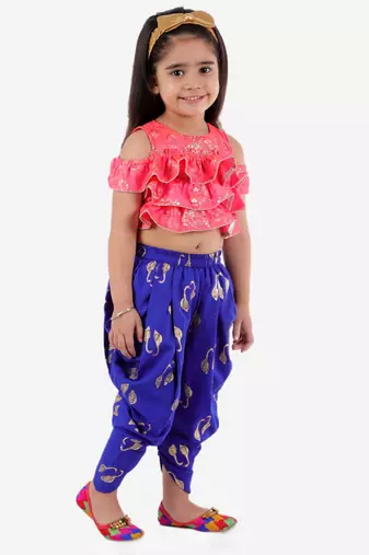 Ruffled Crop Top With Swan Print Dhoti Pants- Pink & Blue