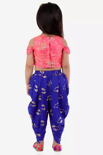 Ruffled Crop Top With Swan Print Dhoti Pants- Pink & Blue
