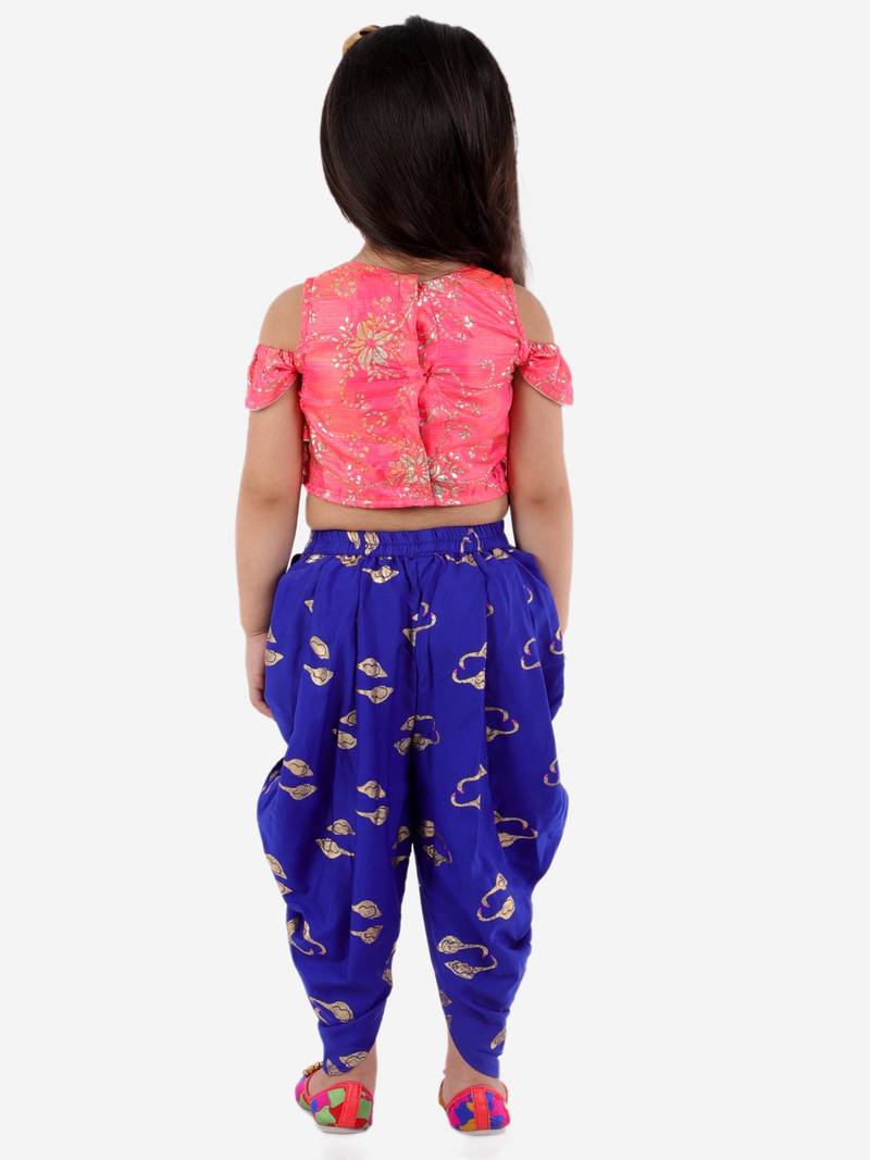 Ruffled Crop Top With Swan Print Dhoti Pants- Pink & Blue