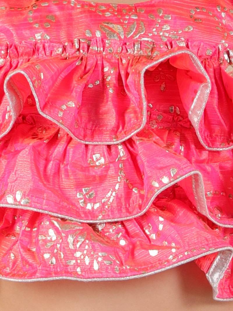 Ruffled Crop Top With Swan Print Dhoti Pants- Pink & Blue