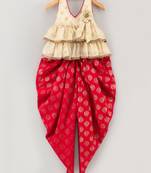 Halter Neck Top With Printed Dhoti Pants- Cream & Red