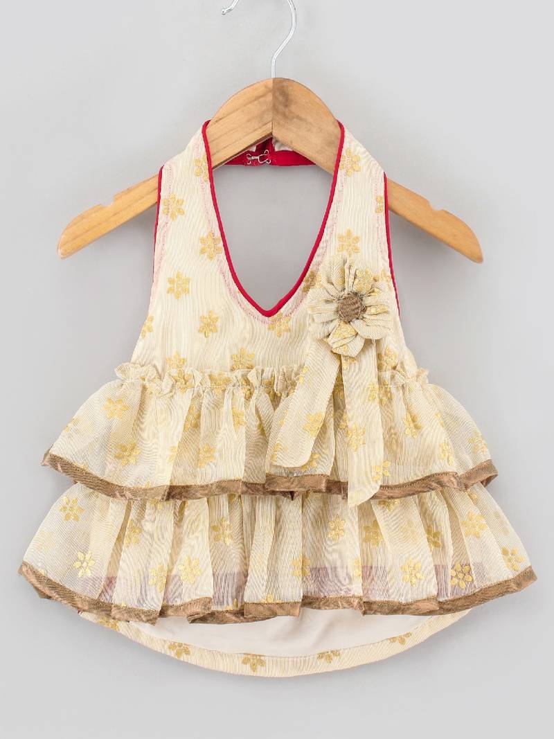 Halter Neck Top With Printed Dhoti Pants- Cream & Red