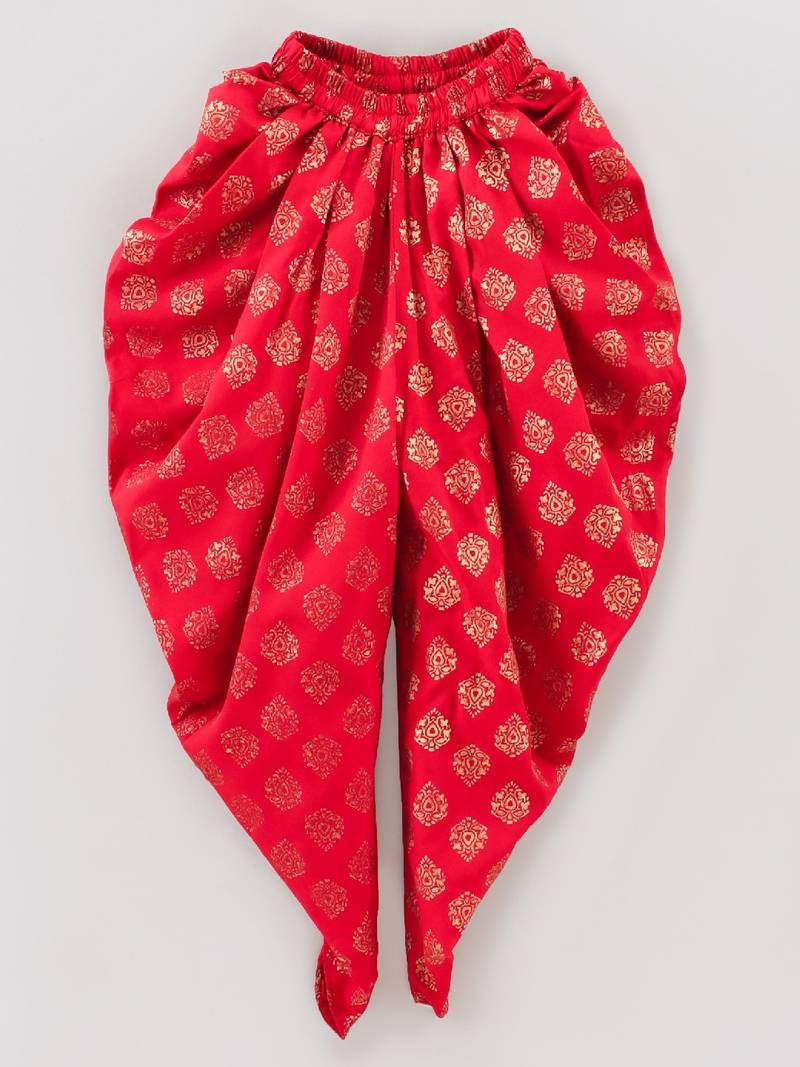 Halter Neck Top With Printed Dhoti Pants- Cream & Red