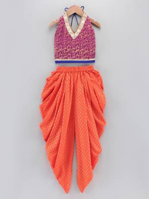 Halter Neck Embellished Brocade Top With Printed Dhoti Pants- Magenta & Orange 1
