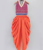 Halter Neck Embellished Brocade Top With Printed Dhoti Pants- Magenta & Orange