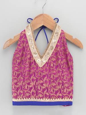 Halter Neck Embellished Brocade Top With Printed Dhoti Pants- Magenta & Orange 2