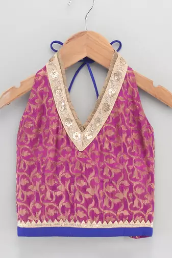 Halter Neck Embellished Brocade Top With Printed Dhoti Pants- Magenta & Orange