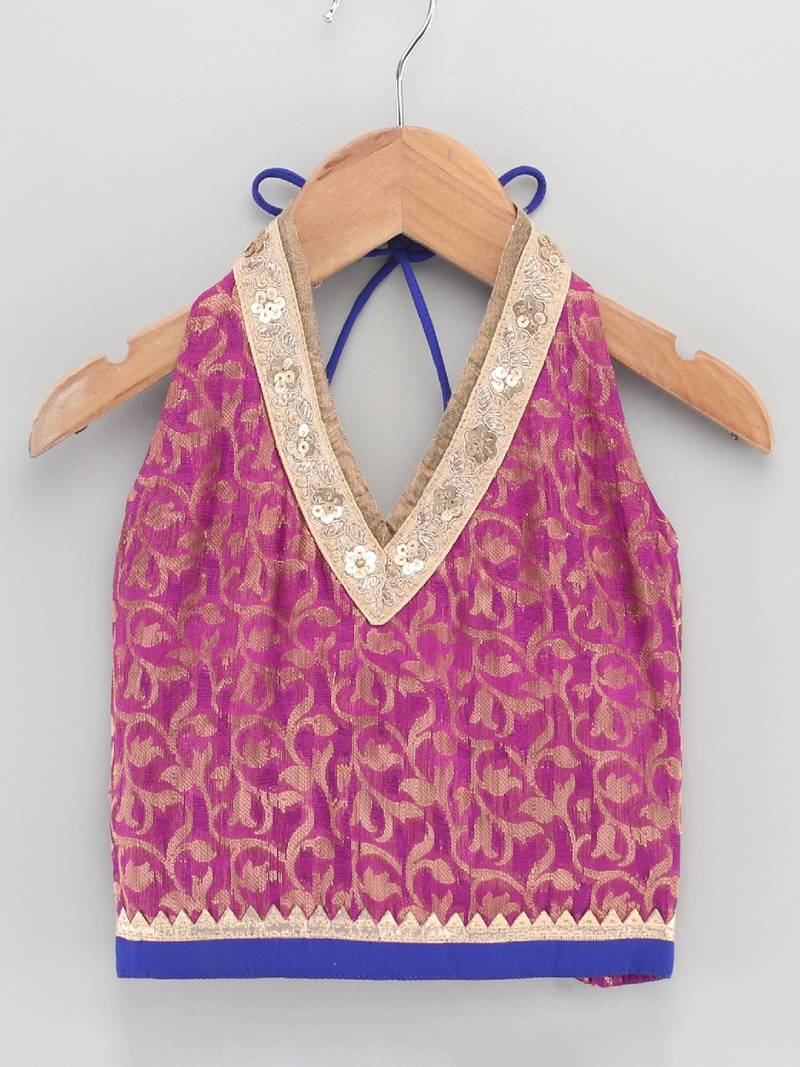 Halter Neck Embellished Brocade Top With Printed Dhoti Pants- Magenta & Orange