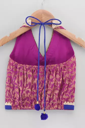 Halter Neck Embellished Brocade Top With Printed Dhoti Pants- Magenta & Orange