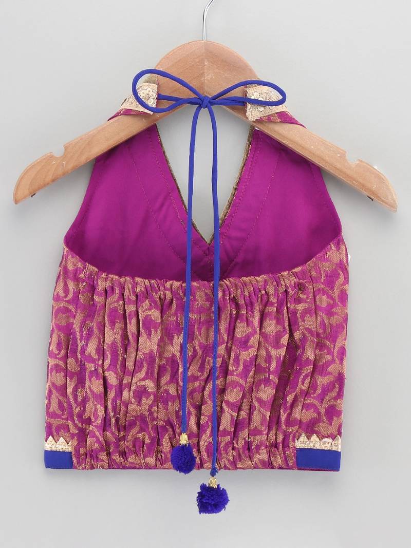 Halter Neck Embellished Brocade Top With Printed Dhoti Pants- Magenta & Orange