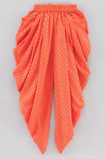 Halter Neck Embellished Brocade Top With Printed Dhoti Pants- Magenta & Orange