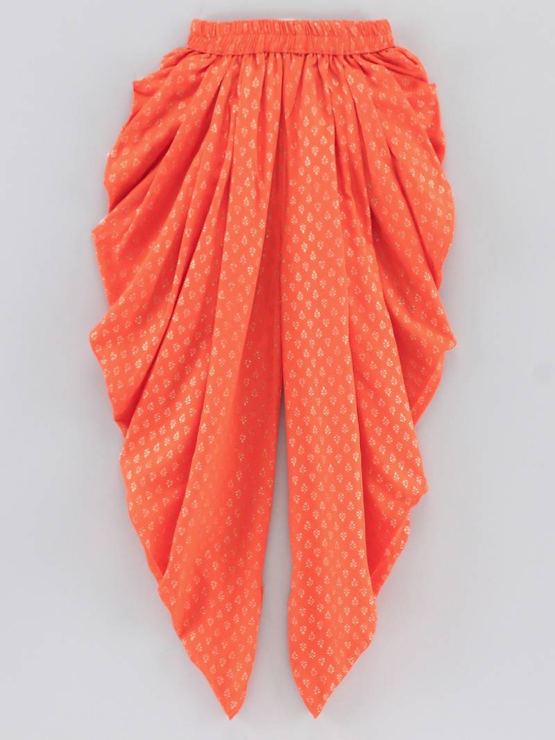 Halter Neck Embellished Brocade Top With Printed Dhoti Pants- Magenta & Orange