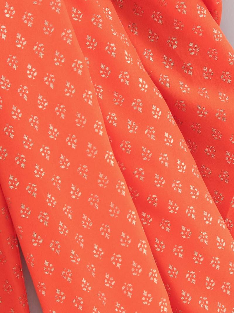 Halter Neck Embellished Brocade Top With Printed Dhoti Pants- Magenta & Orange