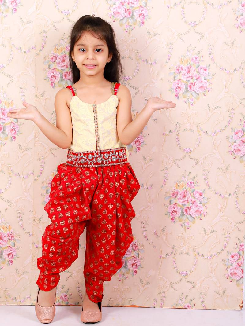 Printed Top With Dhoti Pants- Cream & Red