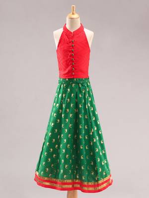 Smart Incut Top With Dolphin Print Ghaghra- Red & Green 1