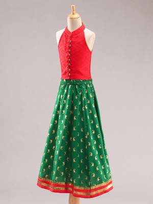 Smart Incut Top With Dolphin Print Ghaghra- Red & Green 2