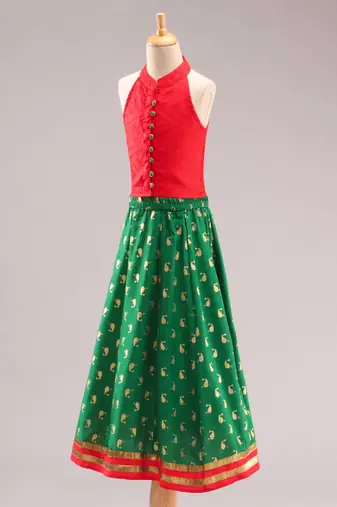 Smart Incut Top With Dolphin Print Ghaghra- Red & Green