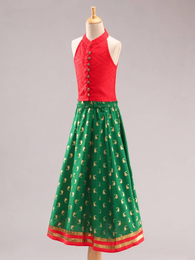 Smart Incut Top With Dolphin Print Ghaghra- Red & Green