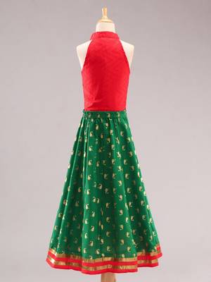 Smart Incut Top With Dolphin Print Ghaghra- Red & Green 3