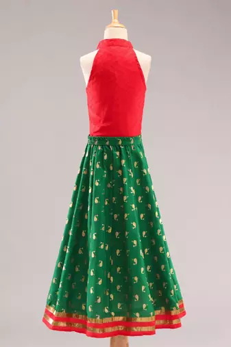 Smart Incut Top With Dolphin Print Ghaghra- Red & Green