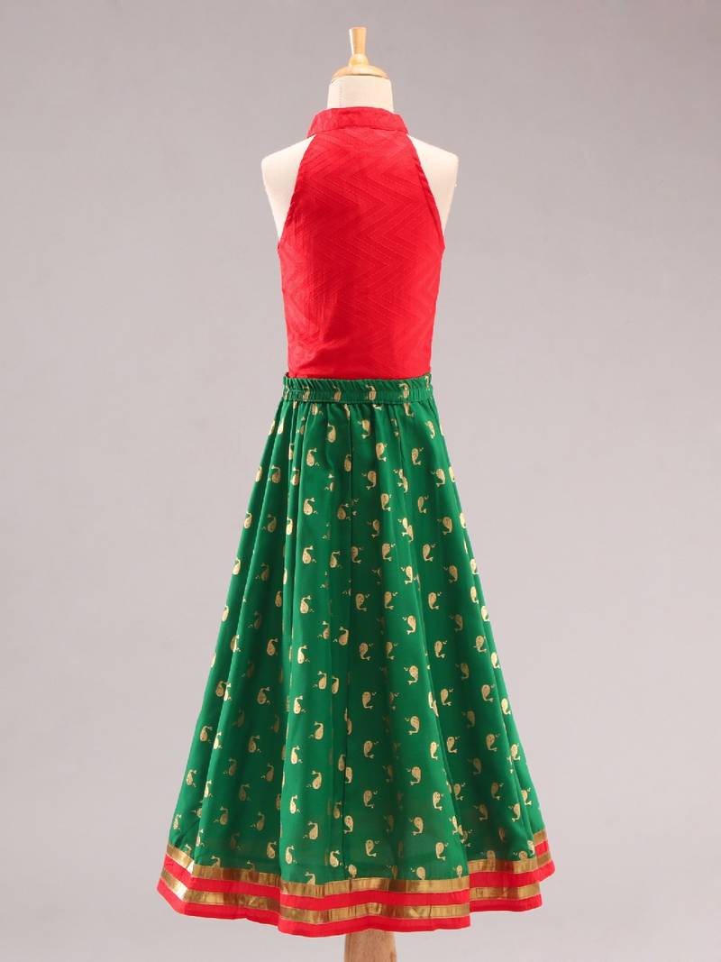 Smart Incut Top With Dolphin Print Ghaghra- Red & Green