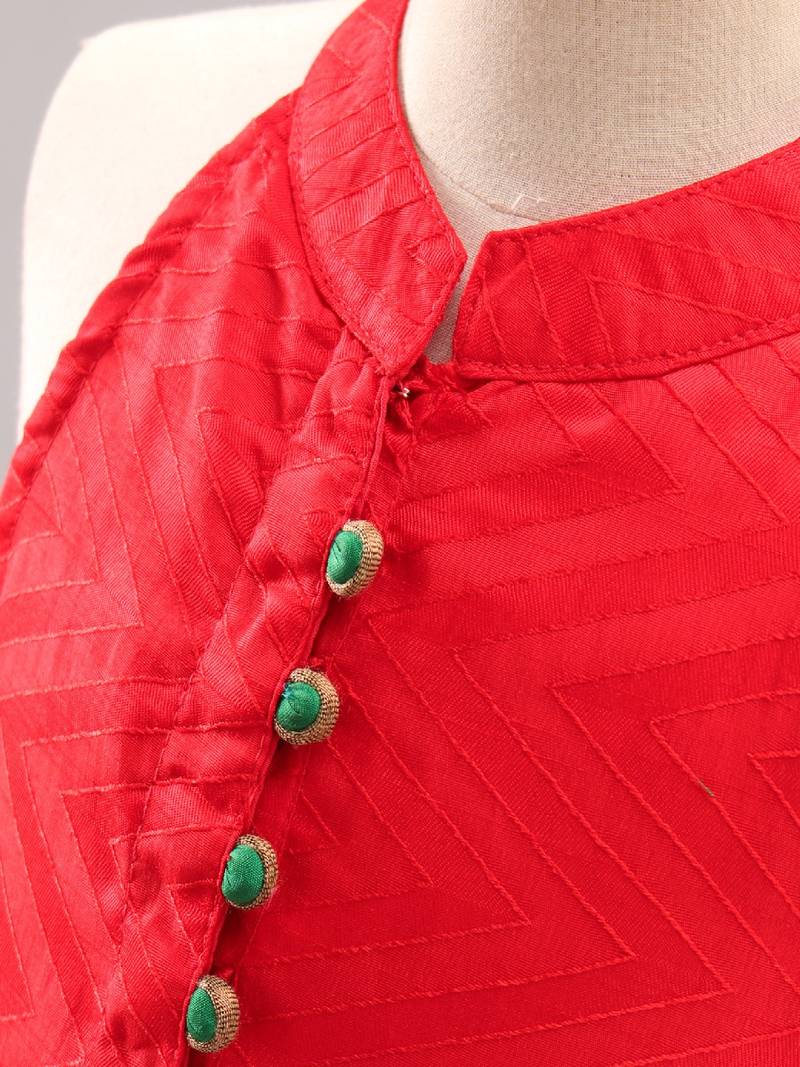 Smart Incut Top With Dolphin Print Ghaghra- Red & Green