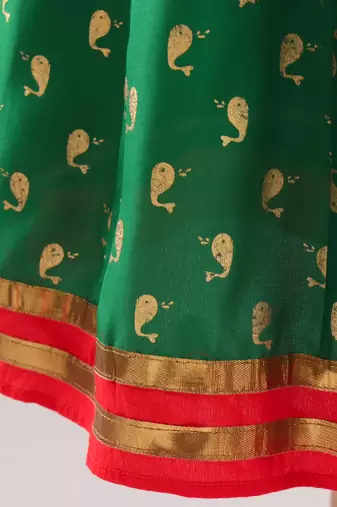 Smart Incut Top With Dolphin Print Ghaghra- Red & Green