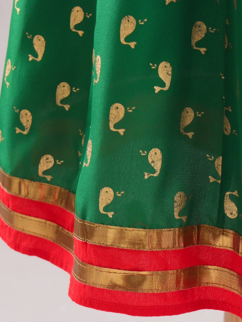 Smart Incut Top With Dolphin Print Ghaghra- Red & Green