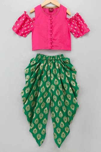 Cold Shoulder Top With Printed Dhoti Pants- Pink & Green
