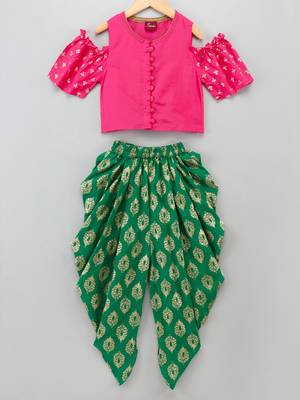 Cold Shoulder Top With Printed Dhoti Pants- Pink & Green 1