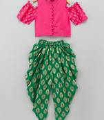 Cold Shoulder Top With Printed Dhoti Pants- Pink & Green
