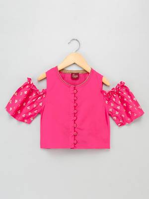 Cold Shoulder Top With Printed Dhoti Pants- Pink & Green 2