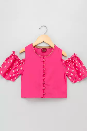 Cold Shoulder Top With Printed Dhoti Pants- Pink & Green