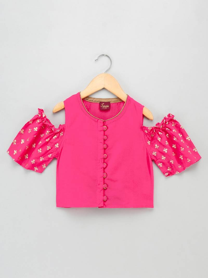 Cold Shoulder Top With Printed Dhoti Pants- Pink & Green