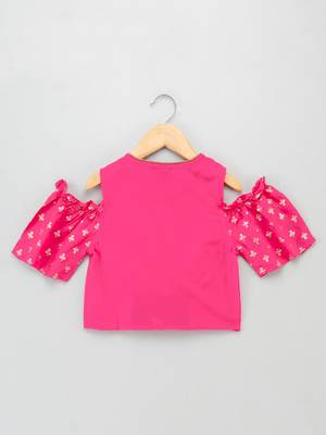 Cold Shoulder Top With Printed Dhoti Pants- Pink & Green 3