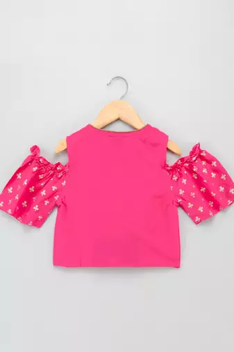 Cold Shoulder Top With Printed Dhoti Pants- Pink & Green