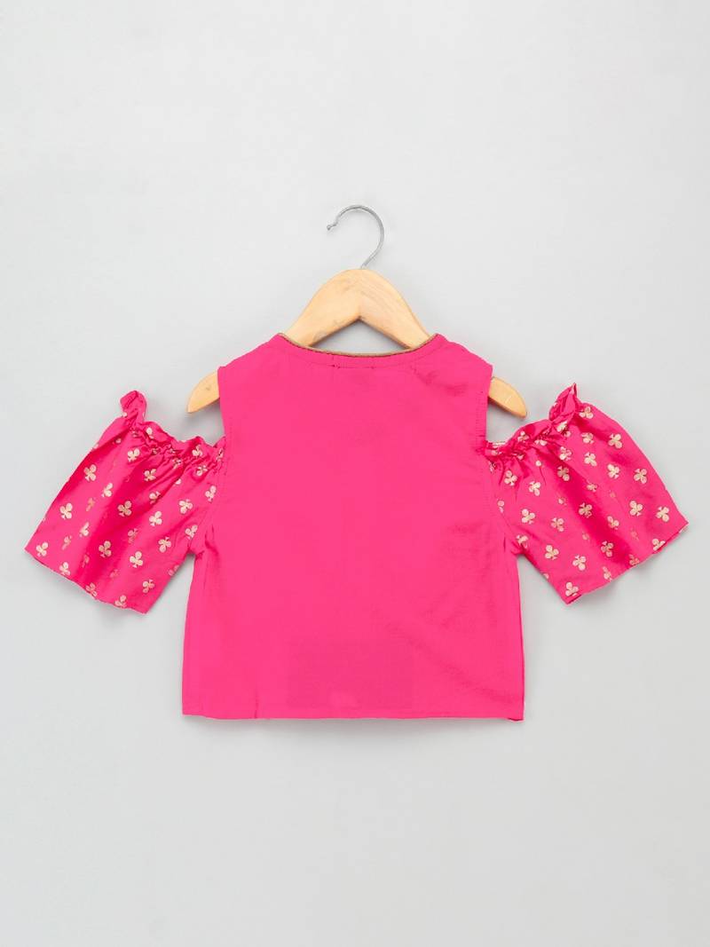 Cold Shoulder Top With Printed Dhoti Pants- Pink & Green