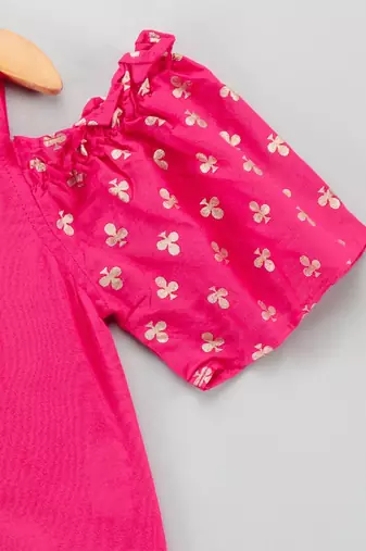 Cold Shoulder Top With Printed Dhoti Pants- Pink & Green