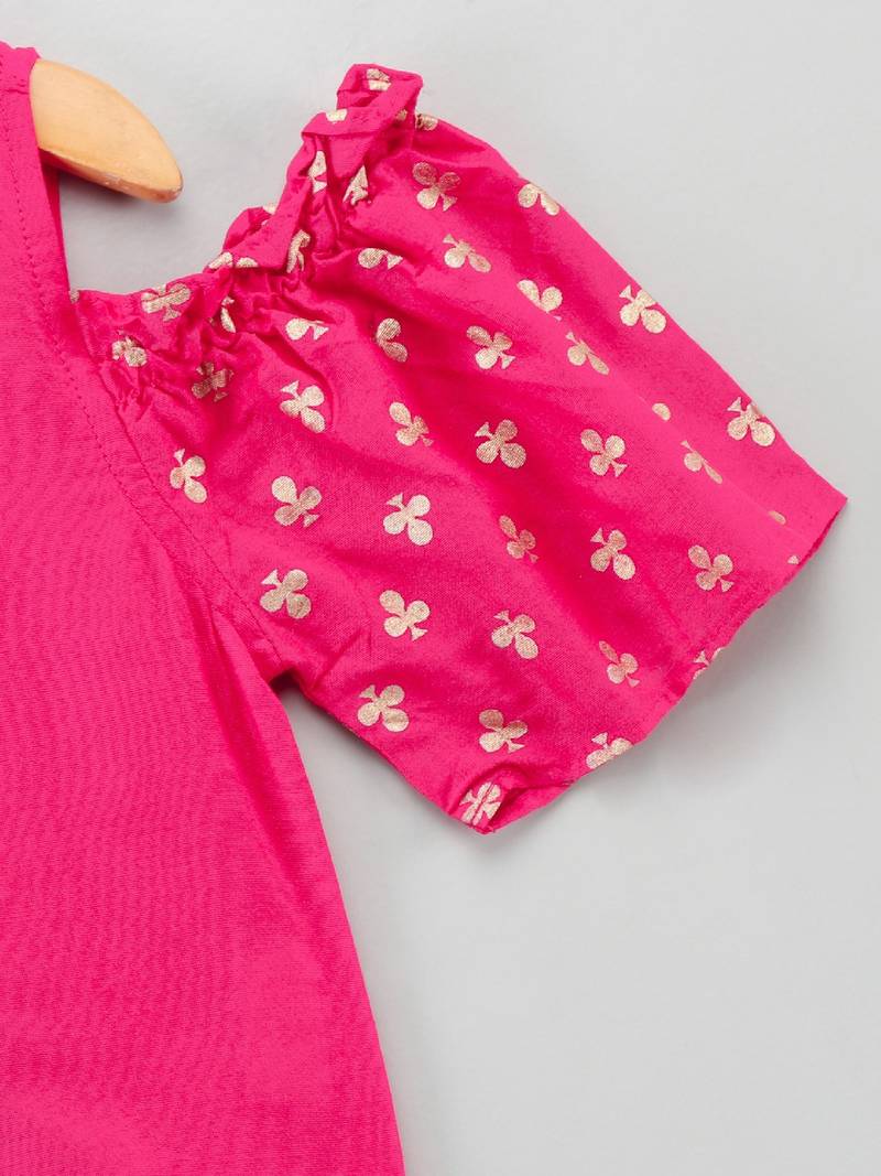 Cold Shoulder Top With Printed Dhoti Pants- Pink & Green