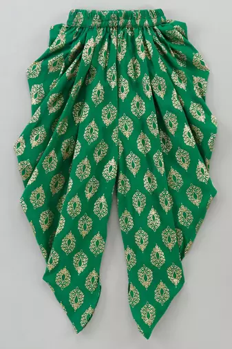Cold Shoulder Top With Printed Dhoti Pants- Pink & Green