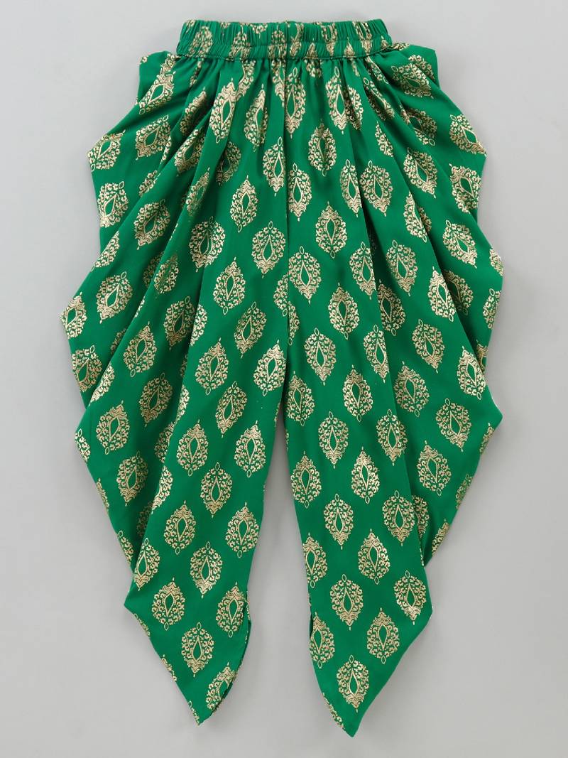 Cold Shoulder Top With Printed Dhoti Pants- Pink & Green